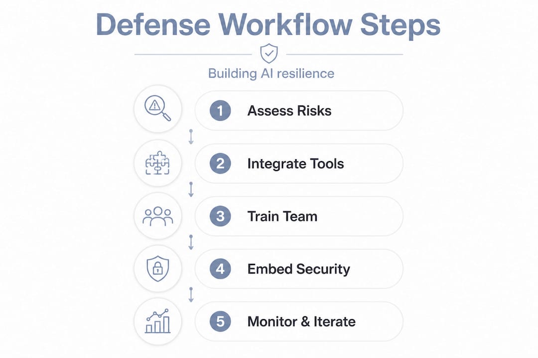 Infographic showing defense workflow steps for AI teams