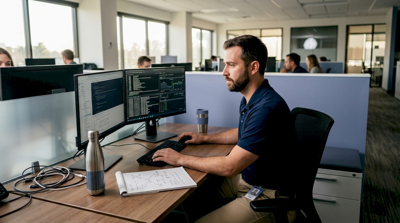 Cybersecurity analyst working in bright open-plan office