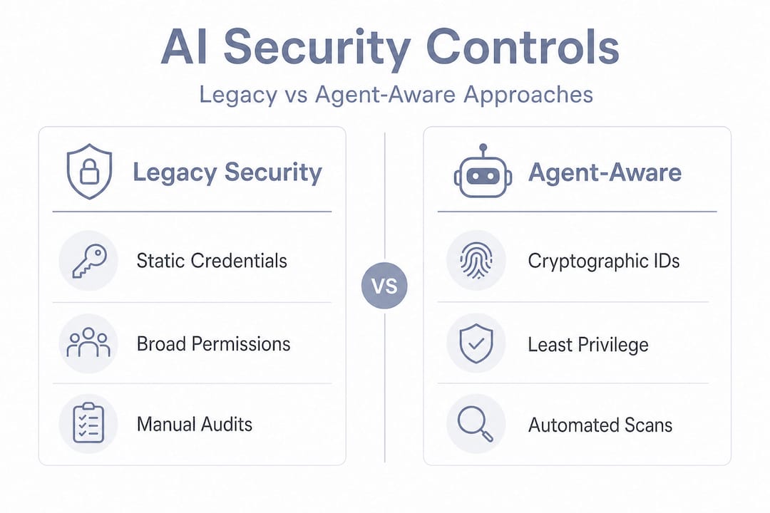 Infographic comparing legacy and agent-aware security controls