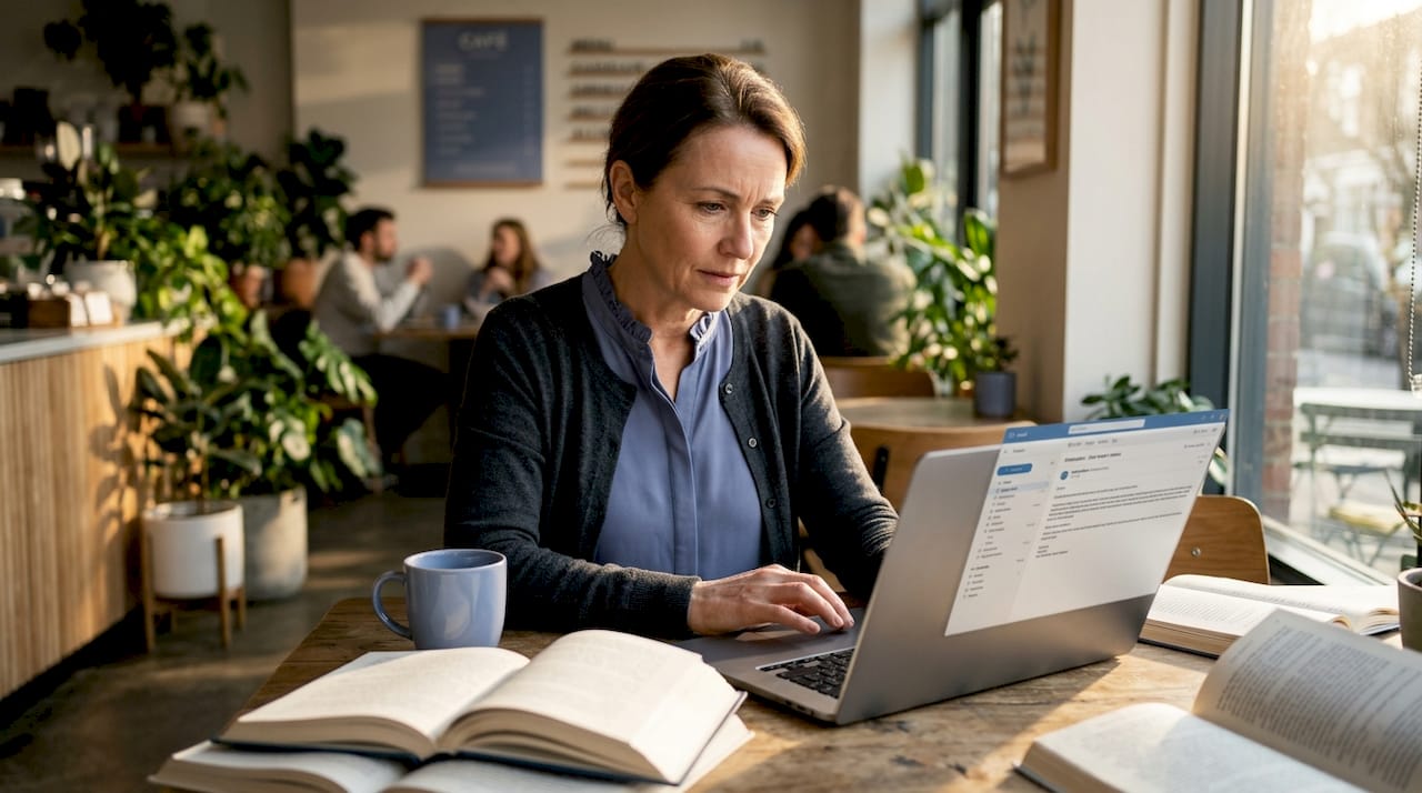 Woman reviews suspicious email in office setting