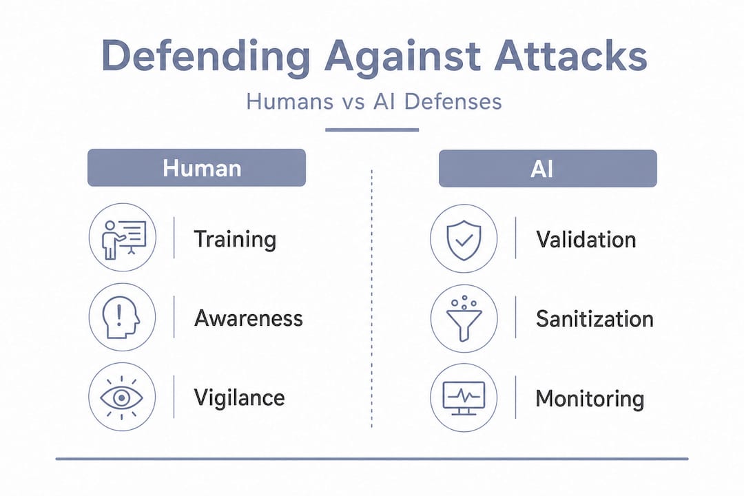 Infographic comparing human and AI defenses