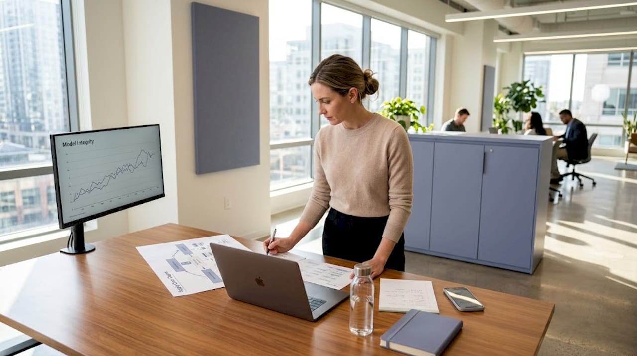 Professional reviewing AI supply chain diagram at desk