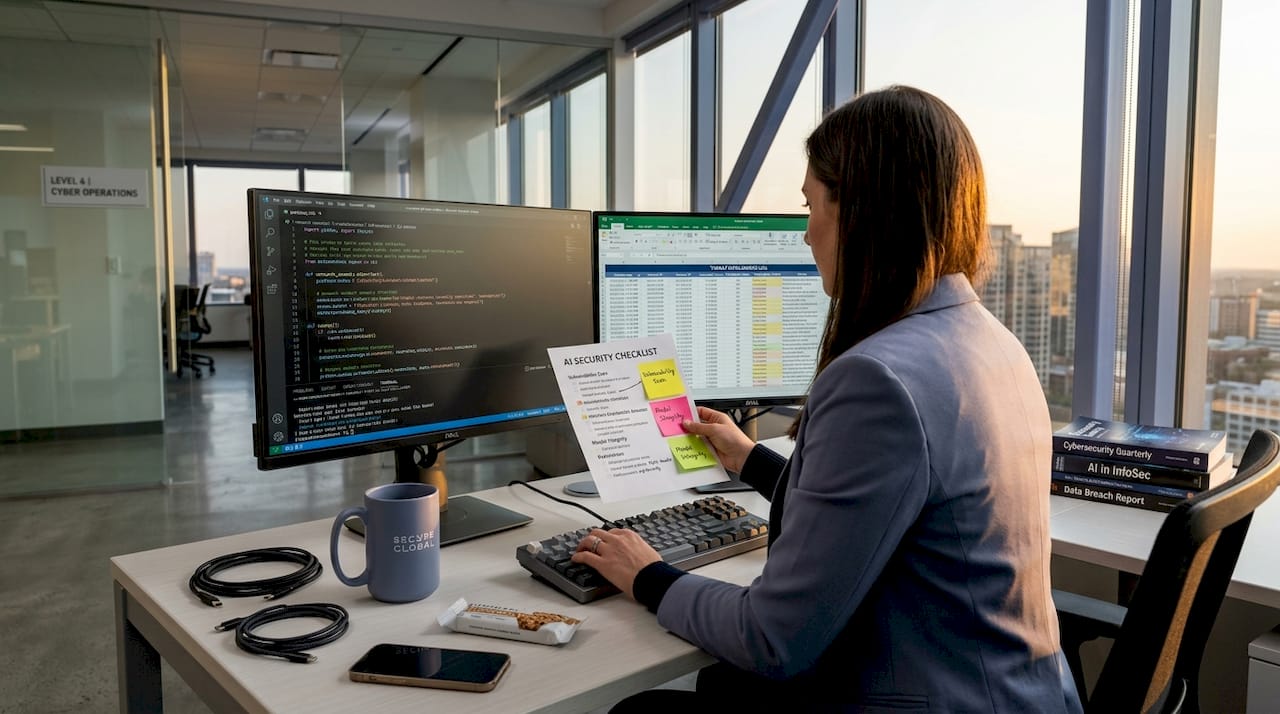 Engineer working with AI security checklist workspace