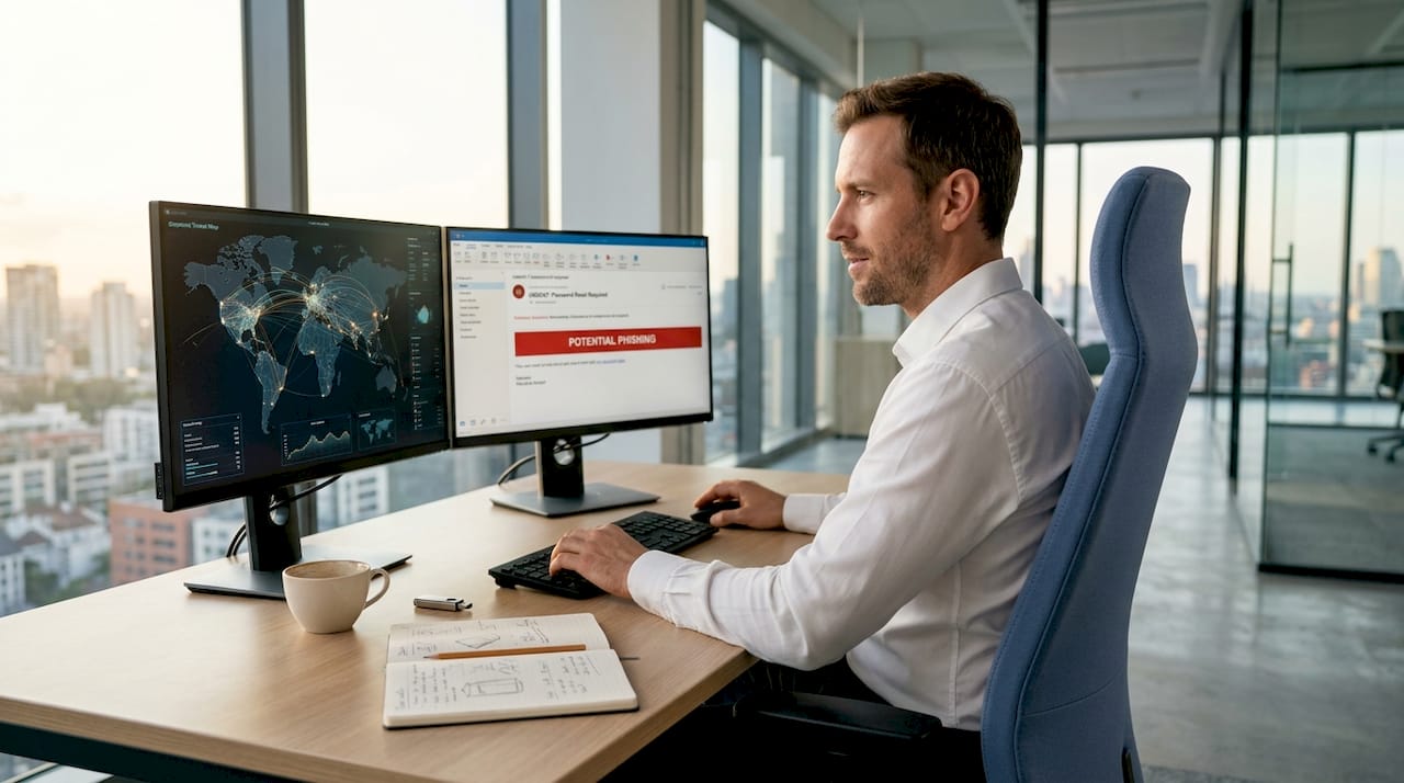 IT analyst reviews flagged phishing email in office