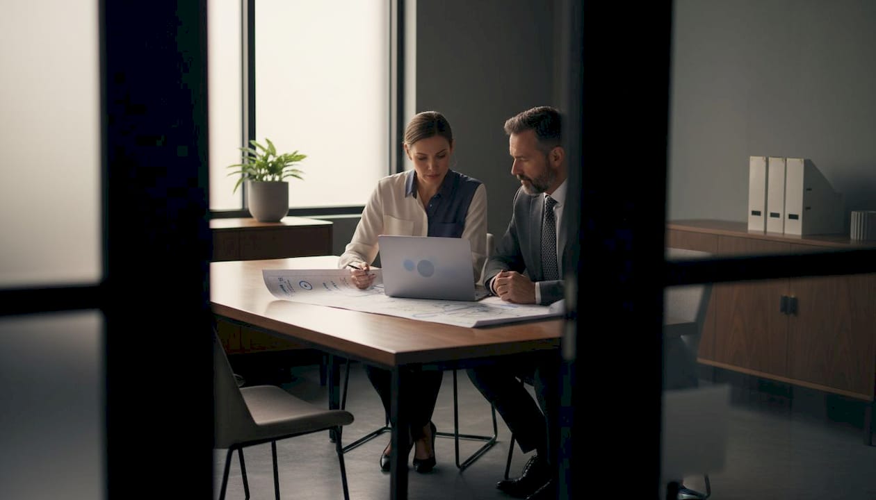 Professionals discussing AI security diagram in office