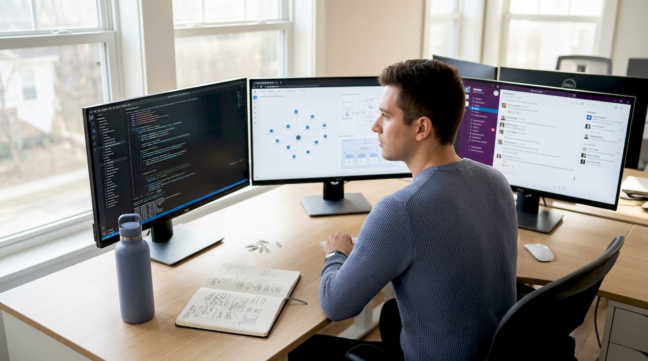 Developer reviewing AI code at multitasking workstation