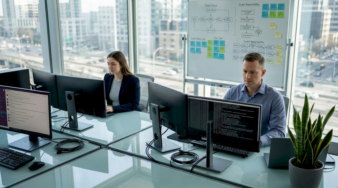 Security analysts collaborating on incident triage process