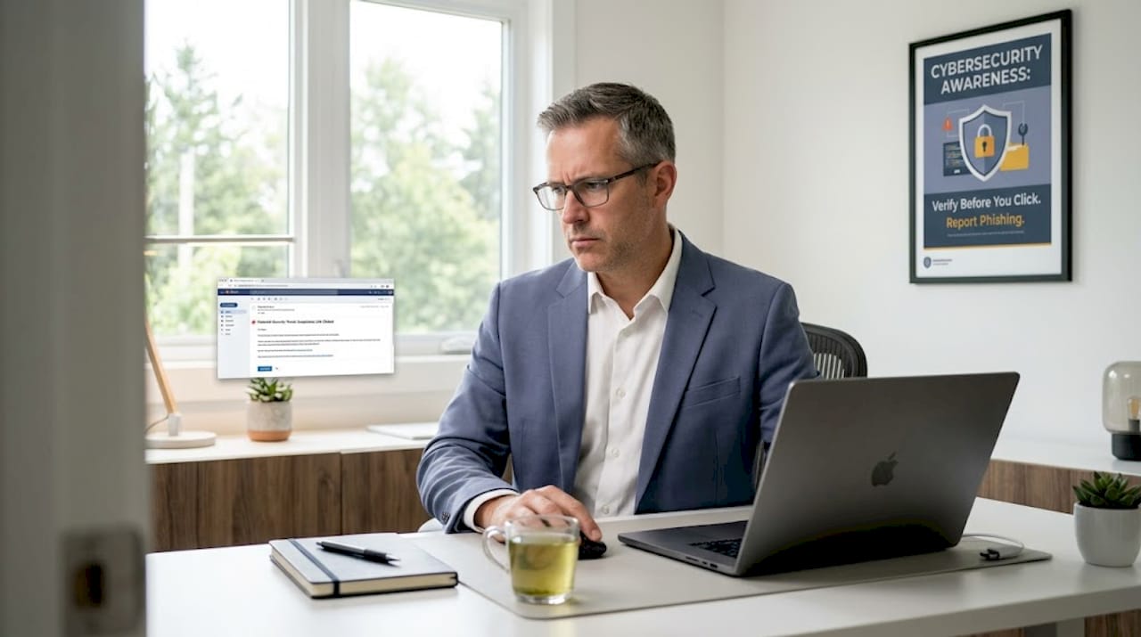 IT manager pausing over suspicious email