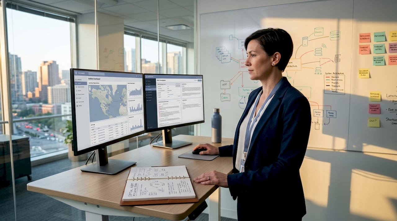 IT security manager monitoring AI dashboard in office