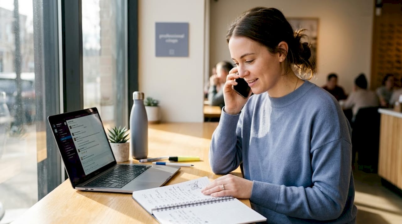 Employee multitasking on phone and notes