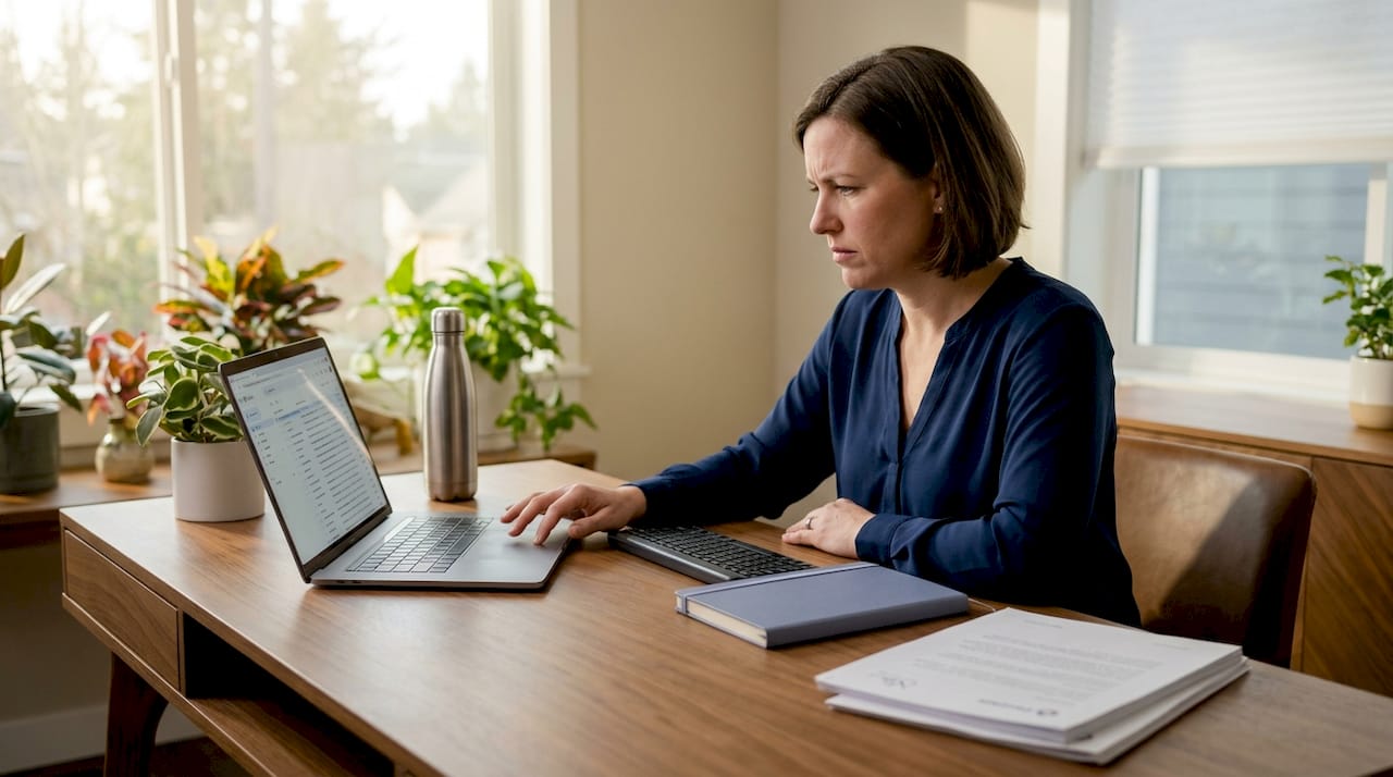 Professional reviewing suspicious email at office desk