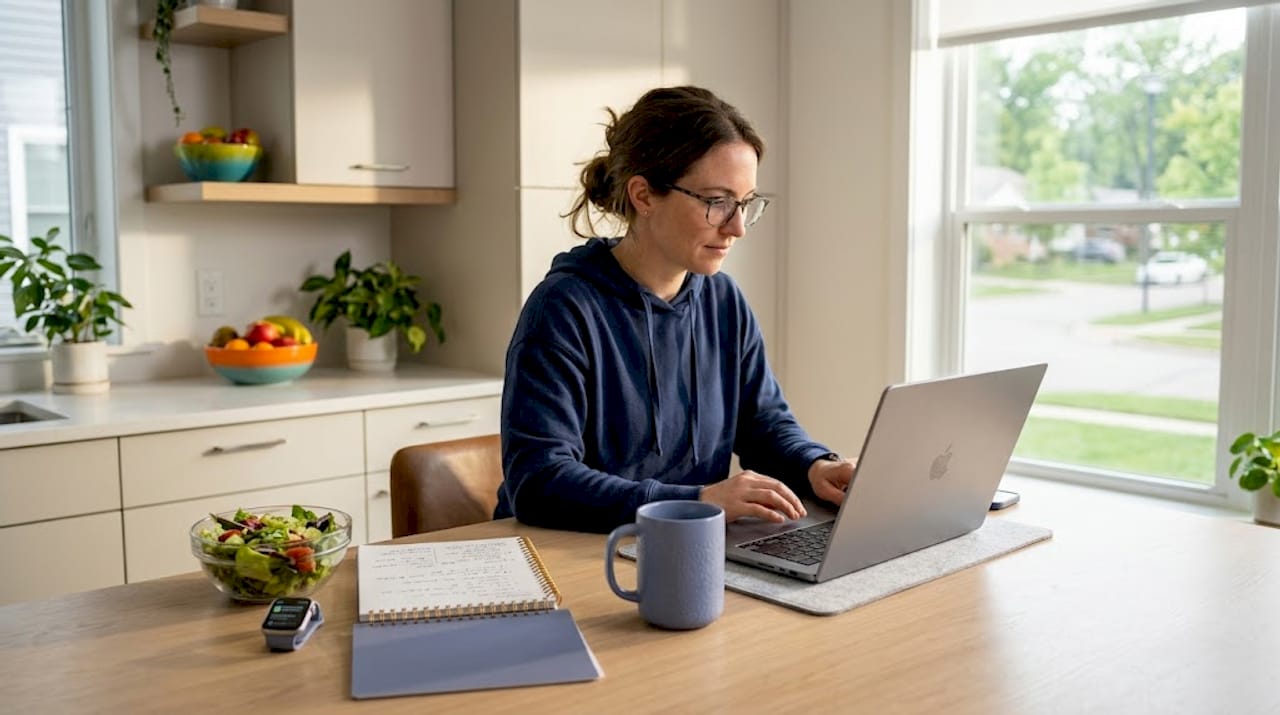 Woman reviewing AI output in home kitchen