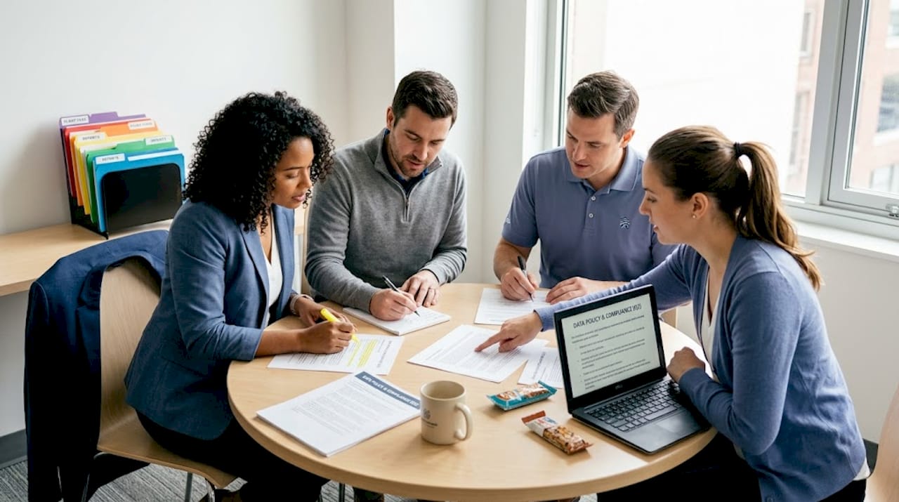 IT team reviewing policy documents together