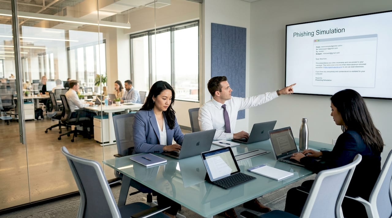 Leaders discuss phishing simulation in office meeting