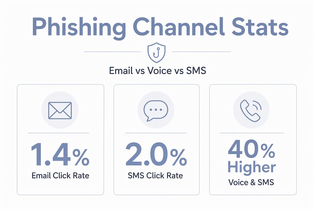 Infographic comparing phishing channel simulation statistics