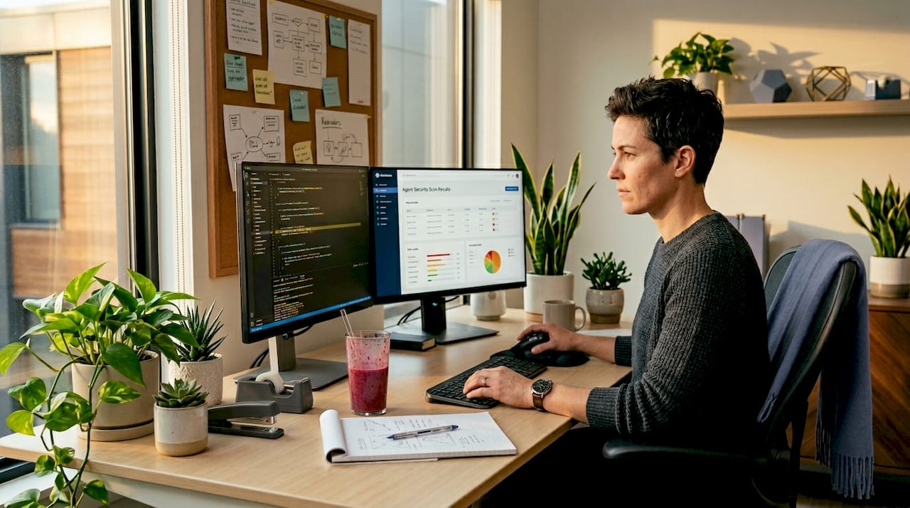 IT analyst reviewing agent security scan results in office