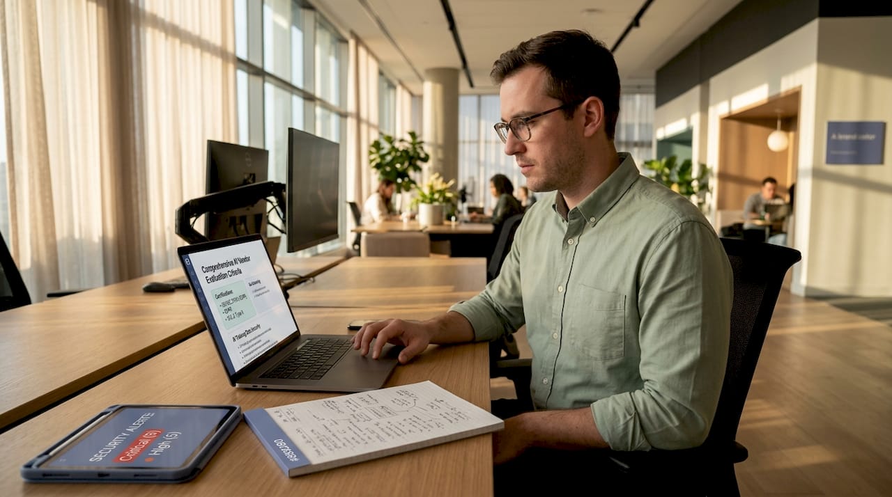 Analyst reviewing AI vendor cybersecurity details