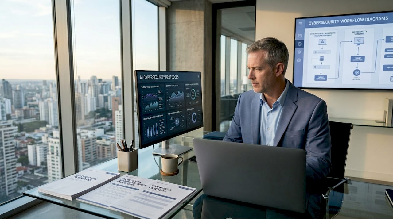 Insurance risk manager reviewing AI cybersecurity