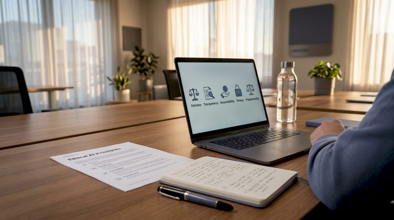 Desk with Ethical AI principles document and laptop