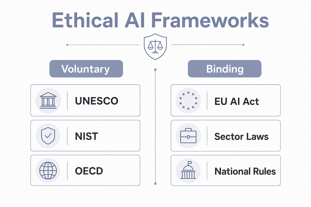 Infographic illustrating voluntary vs binding ethical AI frameworks