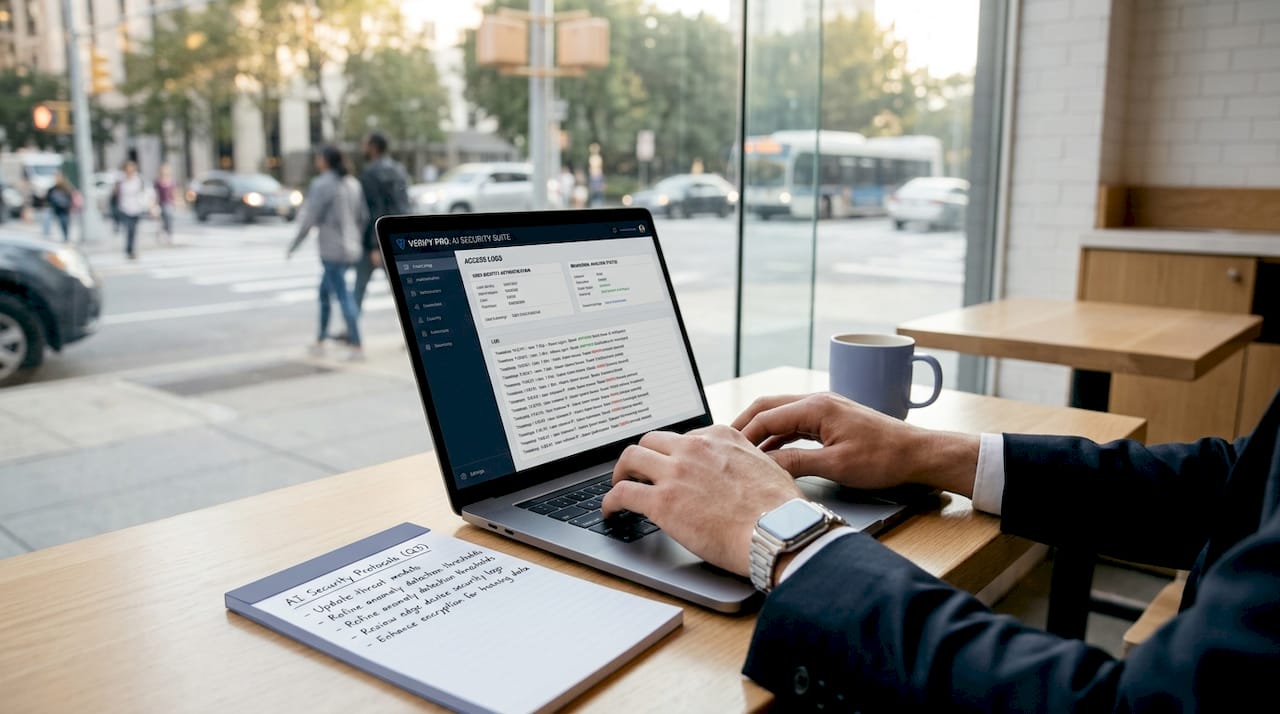 Hands typing on laptop with AI security verification interface