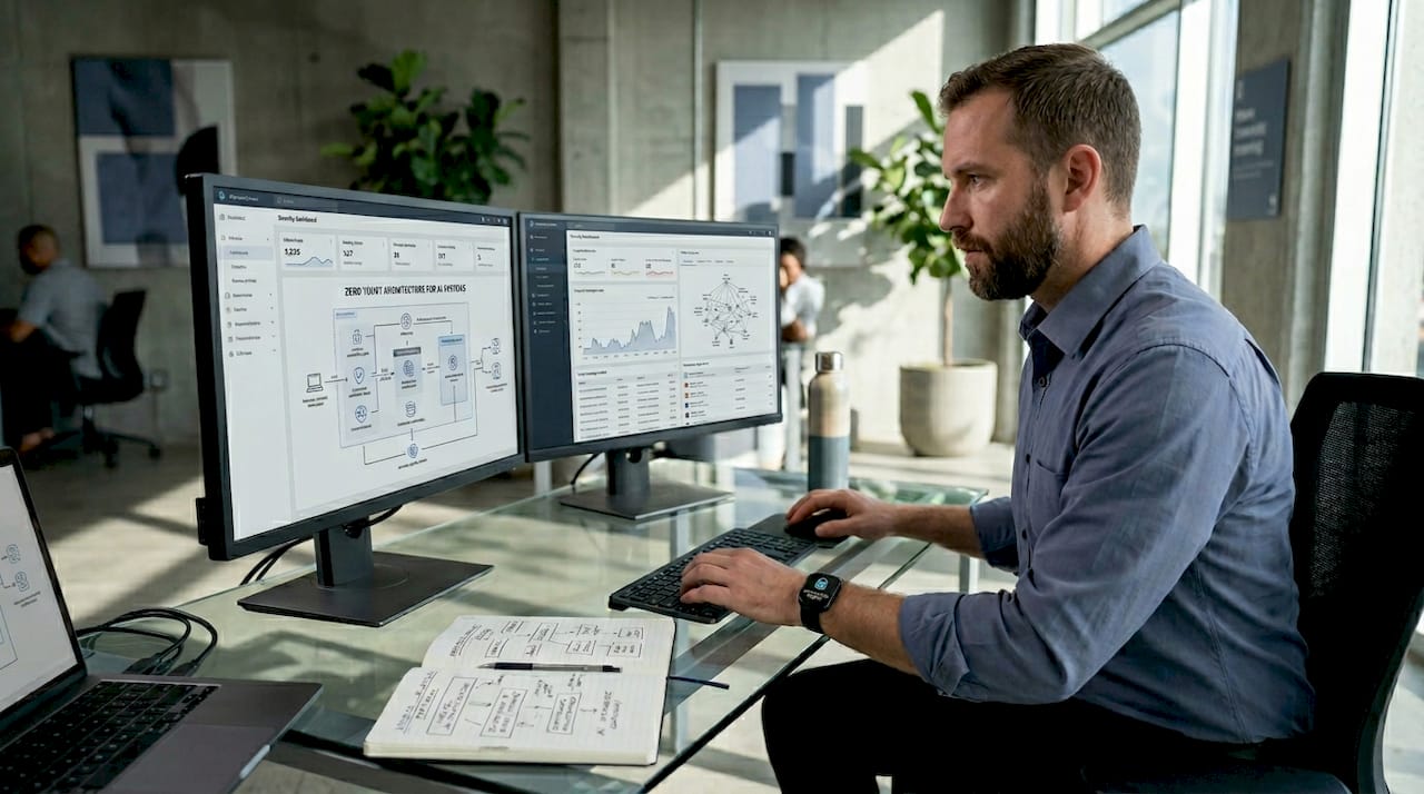 Cybersecurity analyst reviewing zero trust AI security dashboard
