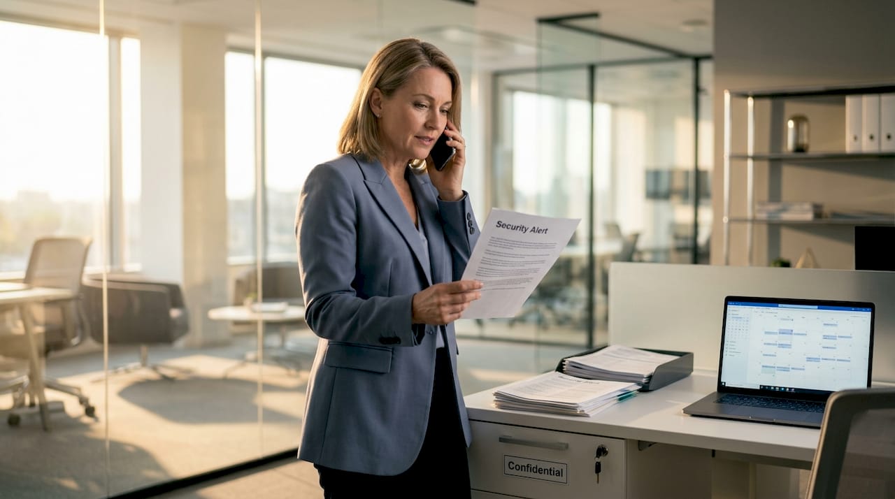 Businesswoman handling suspicious call at office desk
