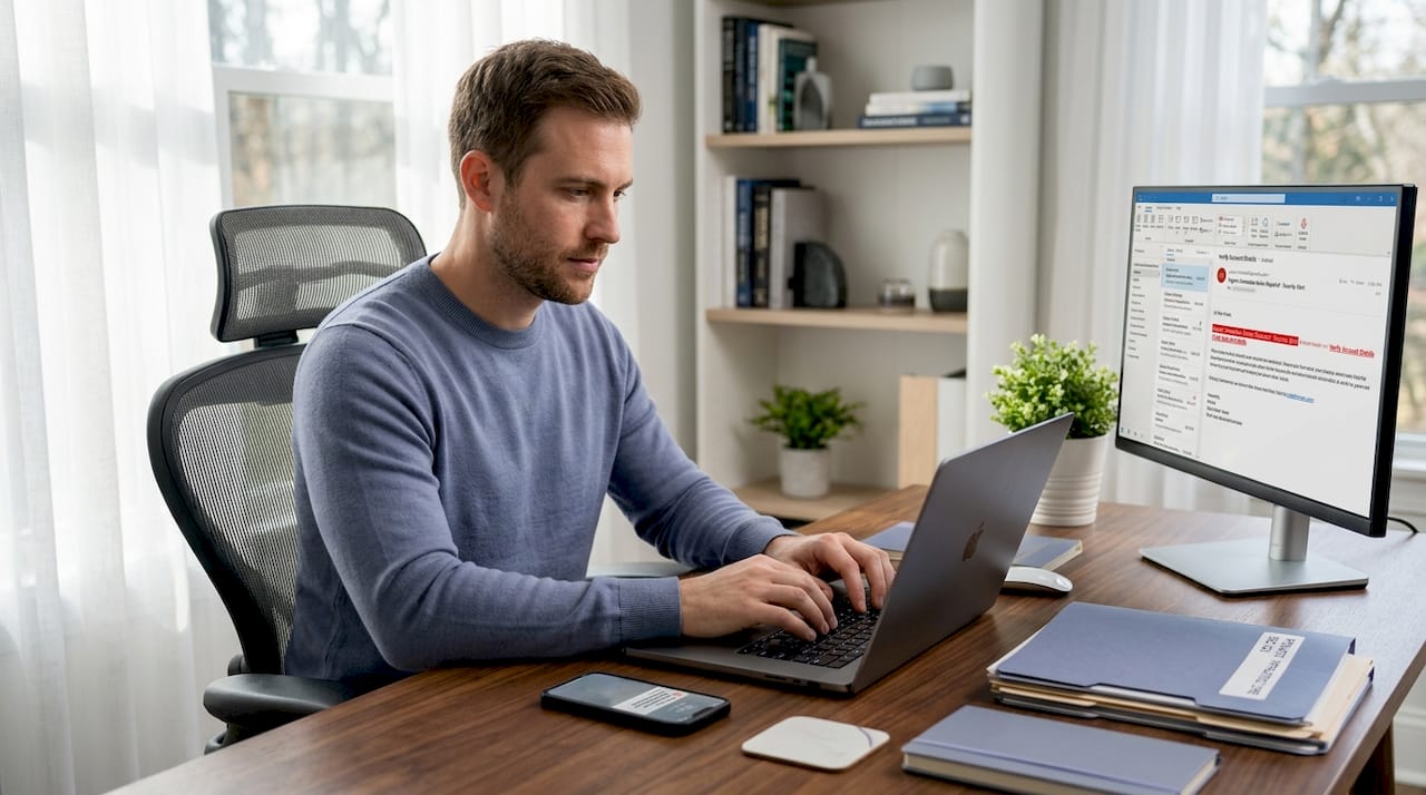 Cybersecurity analyst reviewing phishing emails in home office