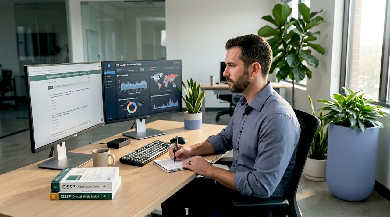 Cybersecurity analyst reviewing certification materials