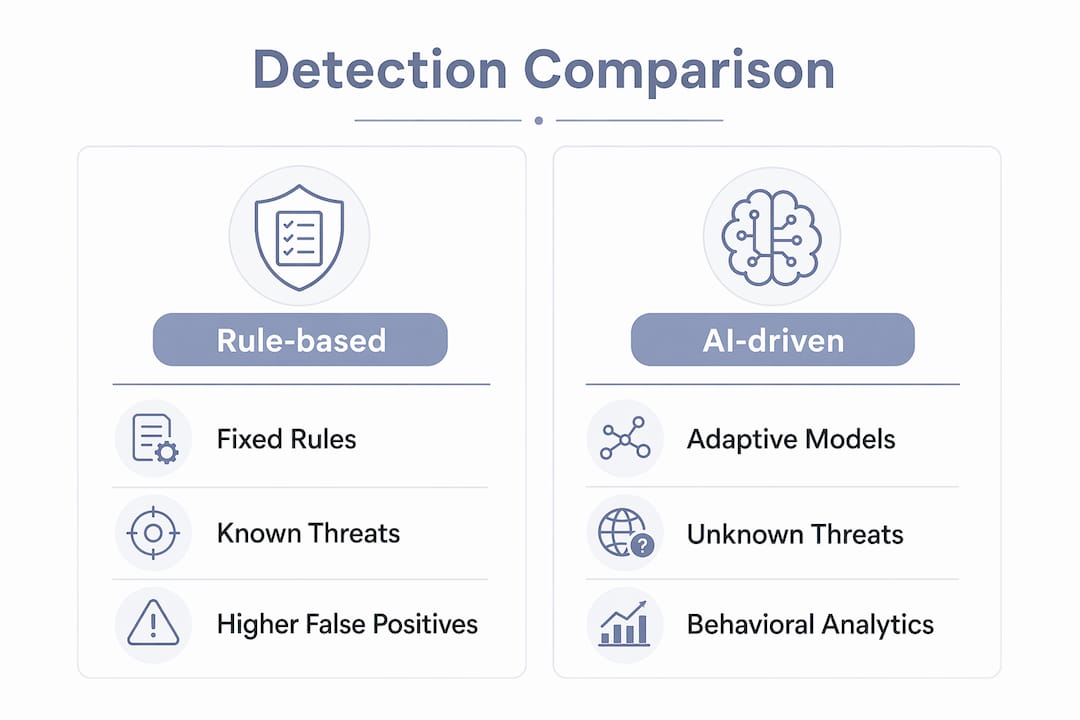 Infographic comparing rule-based and AI threat detection approaches