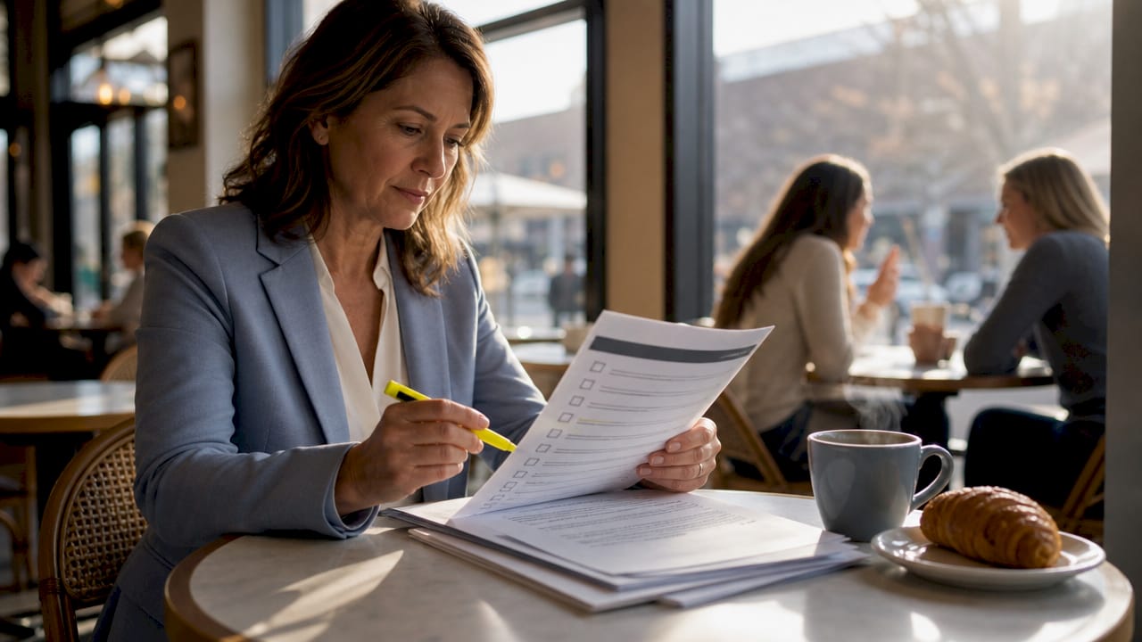 Woman reviewing phishing prevention checklist at home