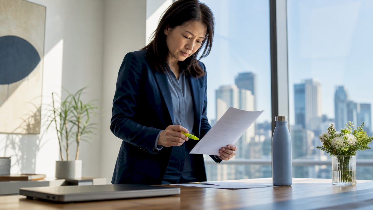 Businesswoman reviewing AI partnership contracts