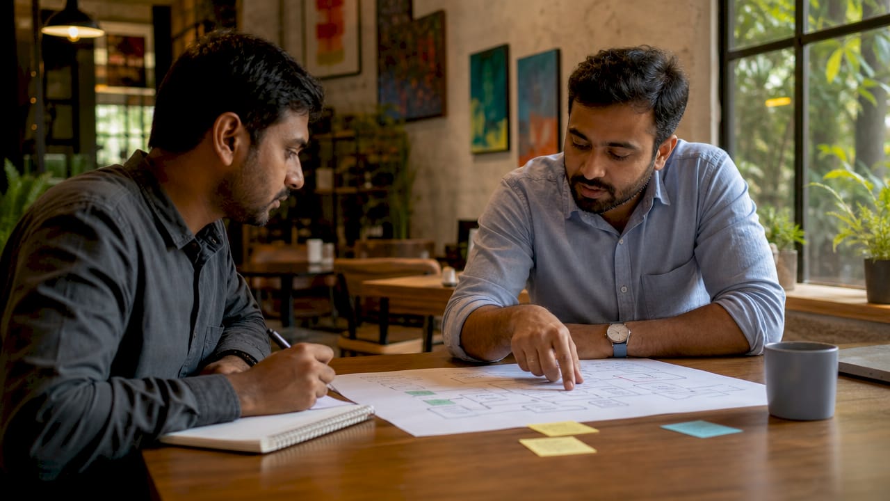 Colleagues discussing AI partnership framework