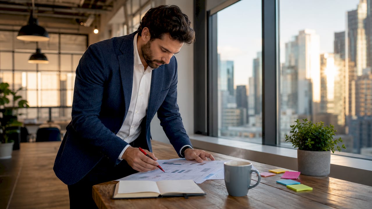 Auditor reviewing AI attack surface diagram in office
