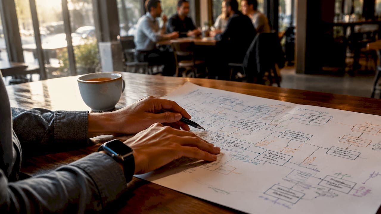 Hands mapping AI system architecture on printout