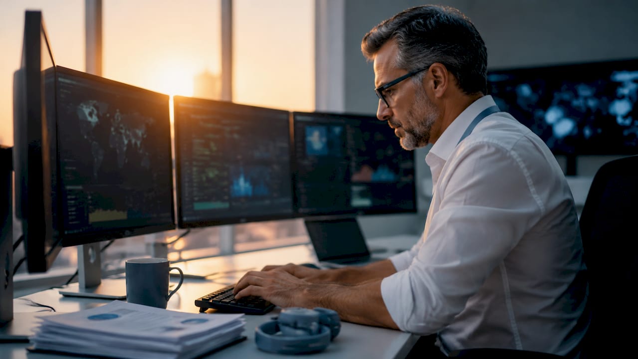 Hands typing in IT security center detecting zero-day threats