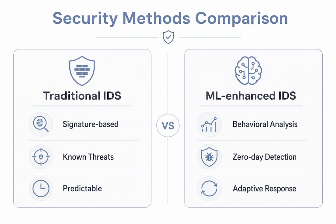 Infographic comparing traditional IDS and ML-enhanced IDS