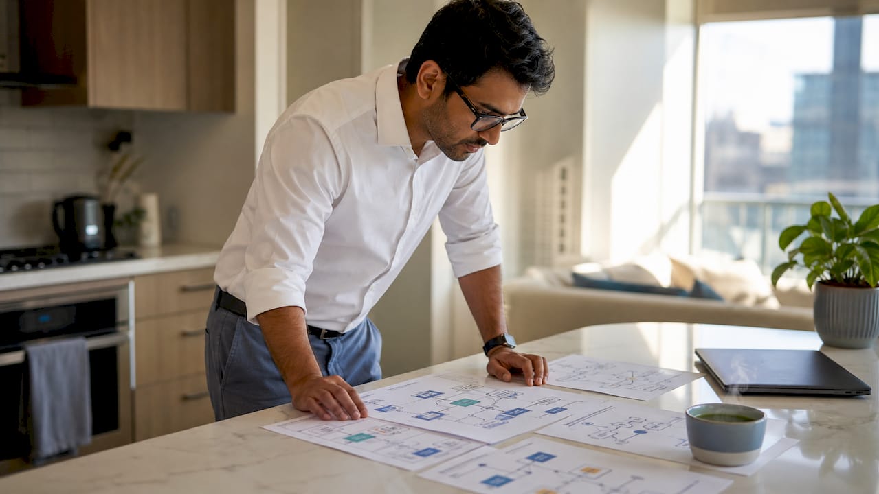 Cybersecurity analyst reviewing AI threat model diagrams