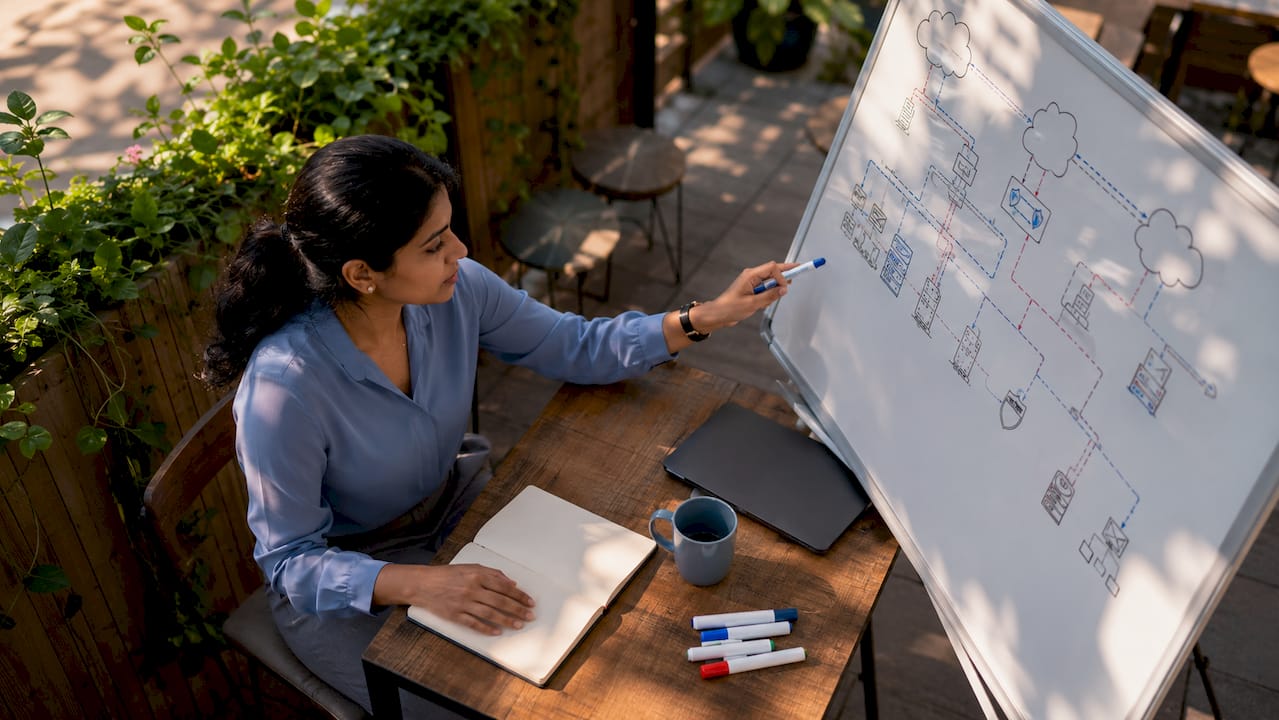 Cybersecurity analyst reviewing AI audit diagrams