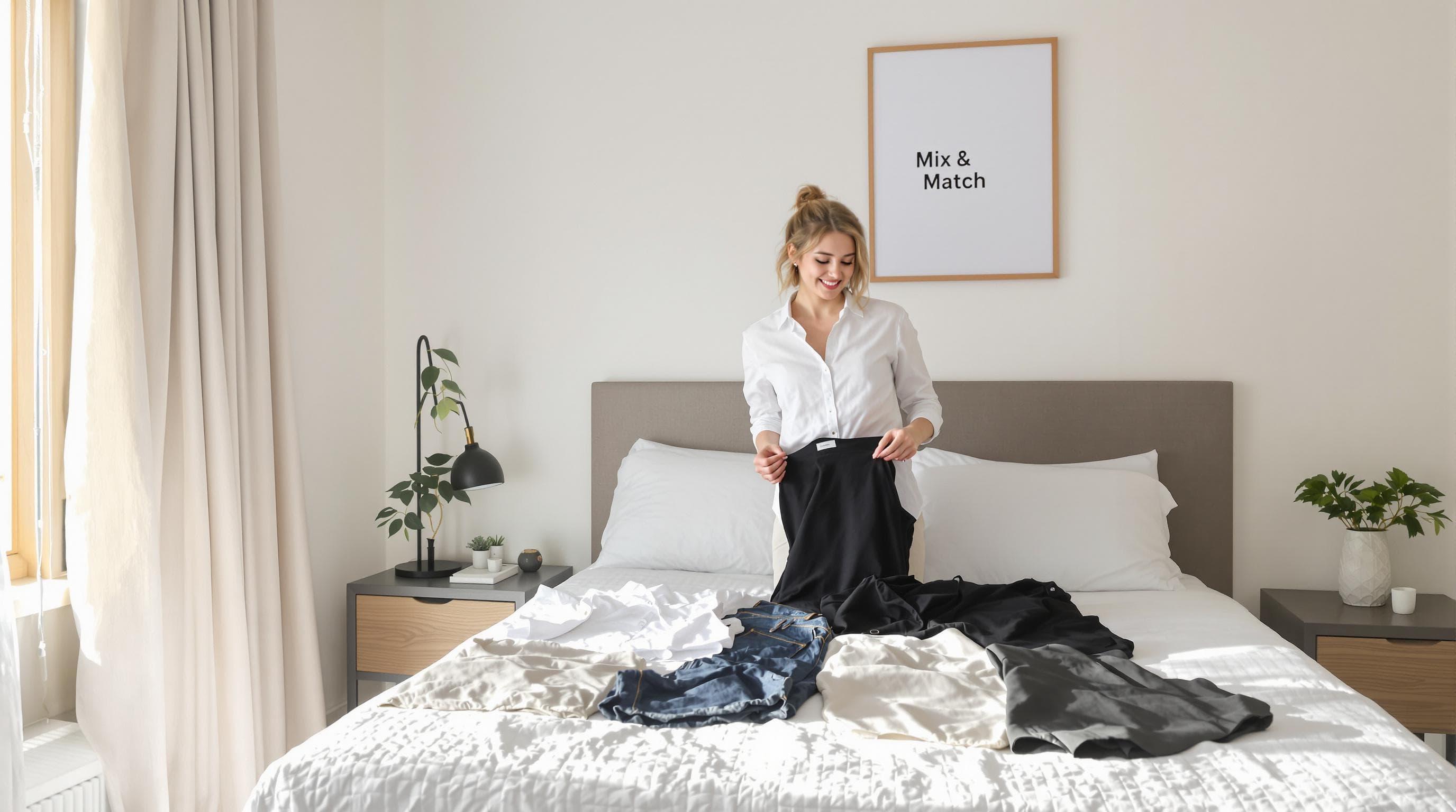 Woman lays out versatile travel wardrobe on bed with 'Mix & Match' decor
