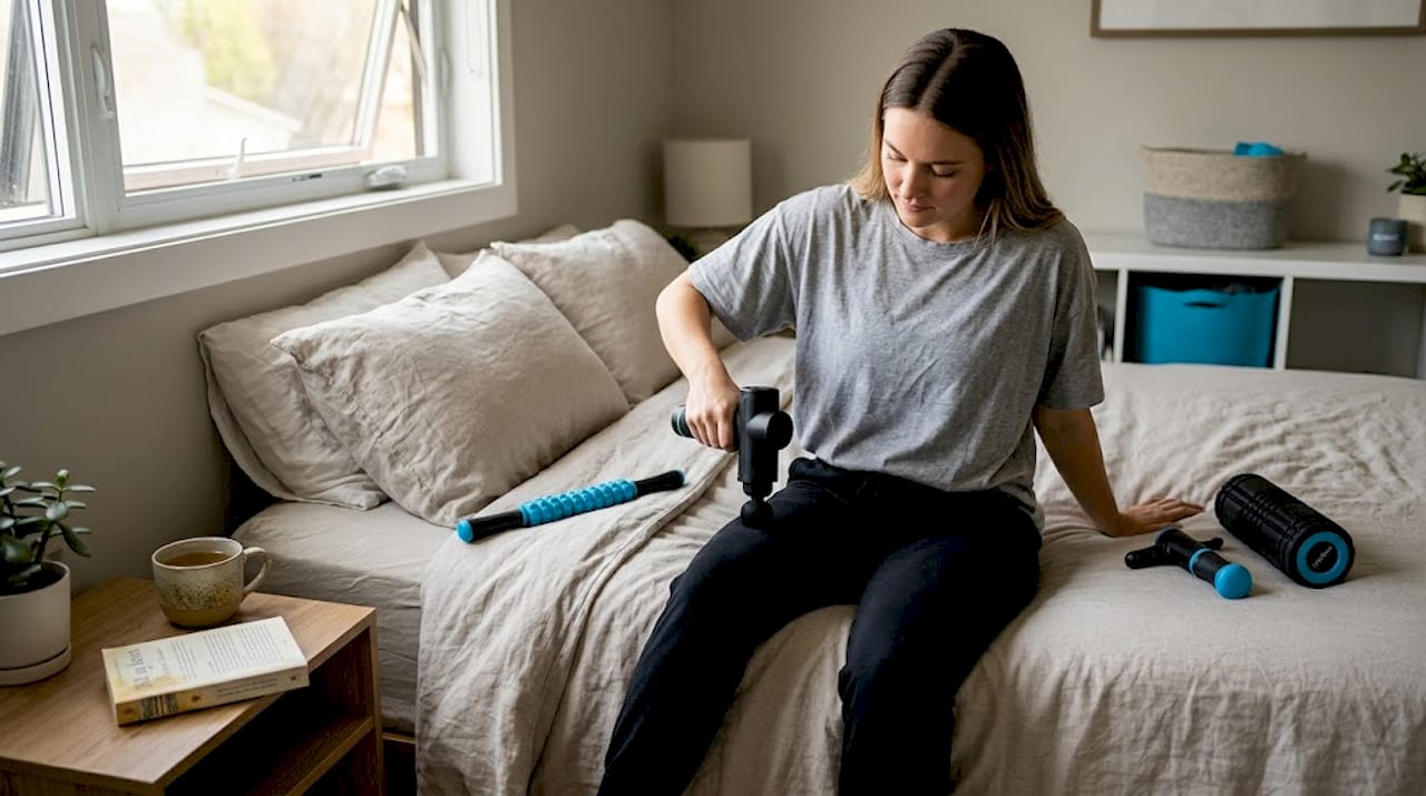 Woman using percussive massage gun on bed