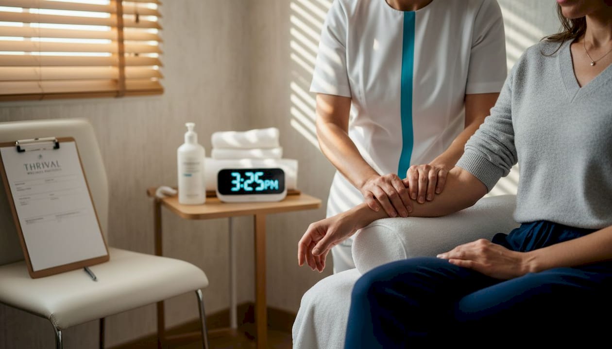Massage therapist demonstrating forearm technique