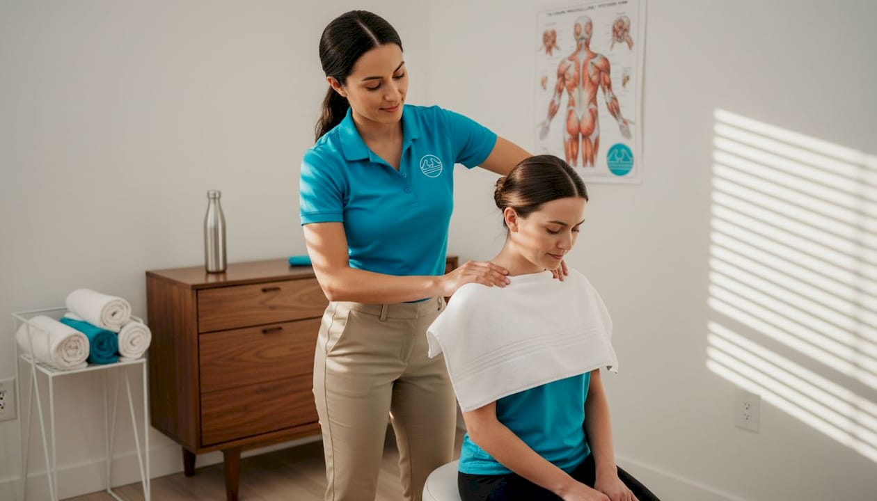 1777628262486 Image Therapist gently massaging client's upper back