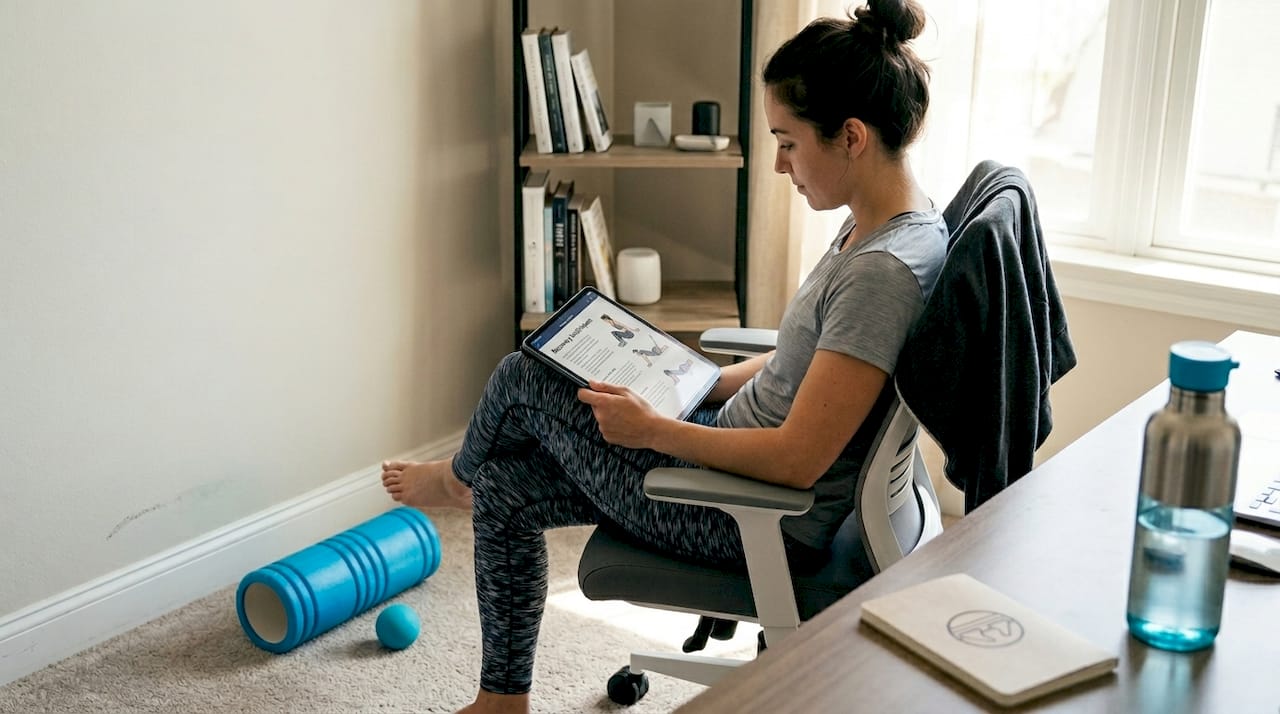 Woman looking at massage tool instructions at home