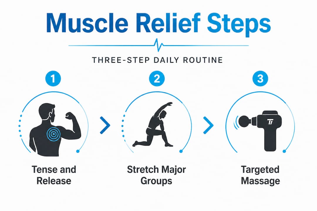 Vertical flow infographic showing three muscle relief steps