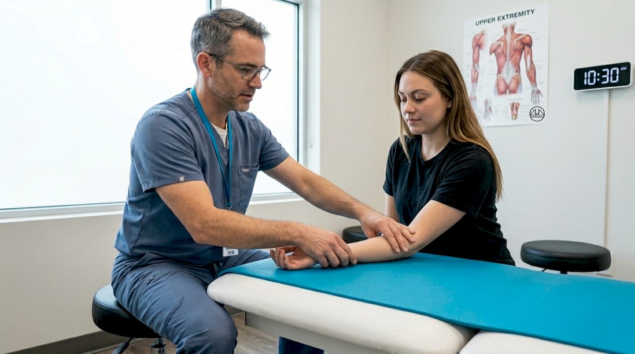Therapist demonstrating pin-and-stretch forearm technique