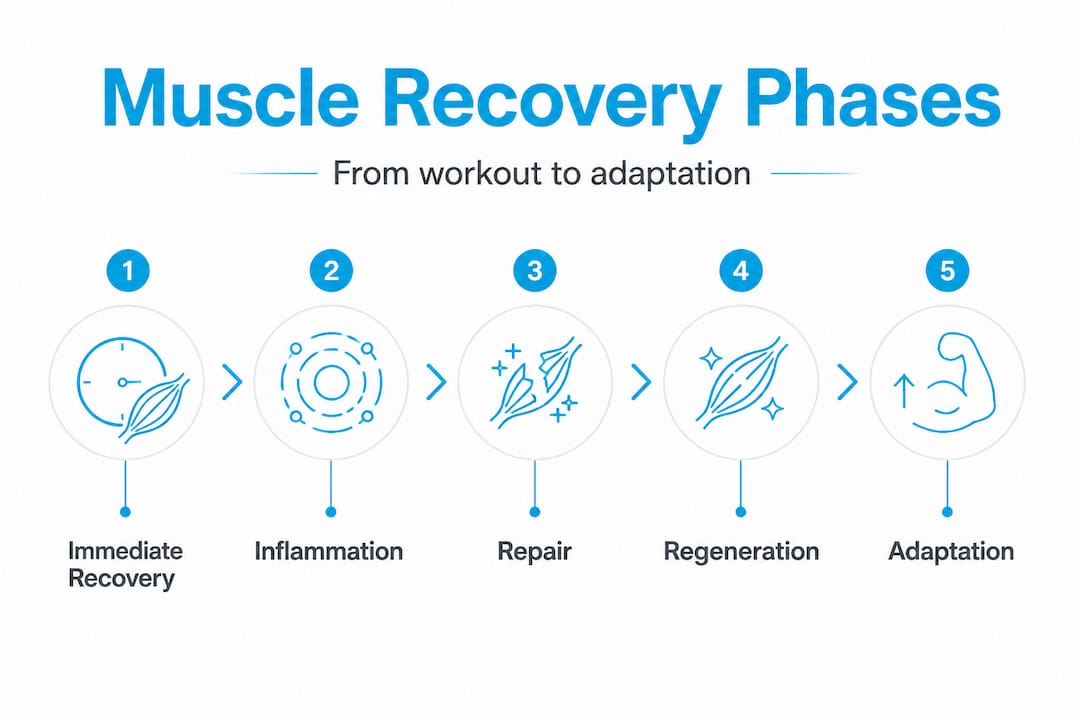 Muscle recovery infographic showing five phases