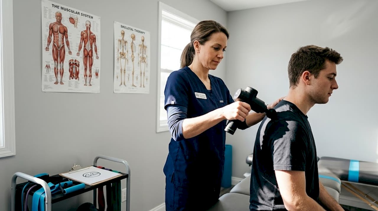 Therapist applying percussive massage on shoulder