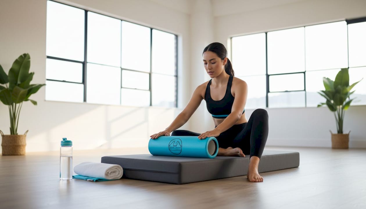 Woman using foam roller in gym