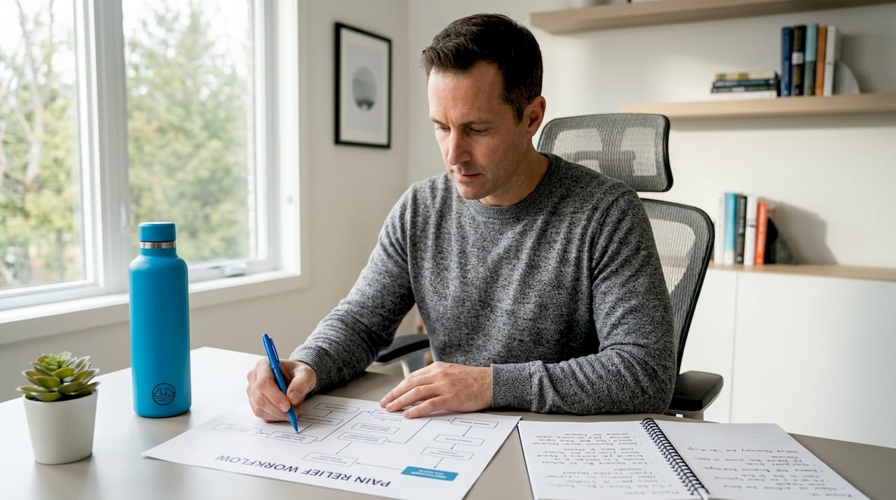 1779031709204 Man Reviewing Pain Relief Troubleshooting Workflow Man reviewing pain relief troubleshooting workflow